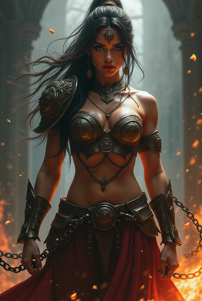 a woman warrior chained up, fighting, detailed facial features, intricate armor, dramatic lighting, cinematic composition, dark fantasy, vibrant colors, digital art, 8k, photorealistic, highly detailed