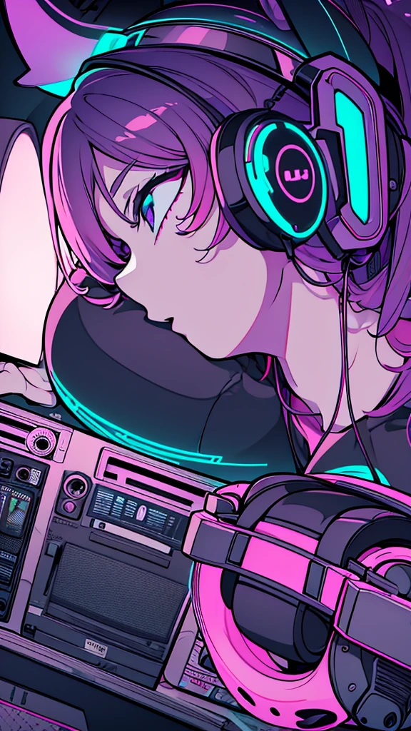 Best quality, (masterpiece), best detail face,1 girl, big breasts, 18 yo, 8k,absurdres,unity 8k wall paper,(extremely detailed:1.3), highest realistic, (retro headphones:), (soft neon light:), (psychedelic), Her room full of music equipment and records, sports wear , See the whole room , dark purple color pallet, (side view)