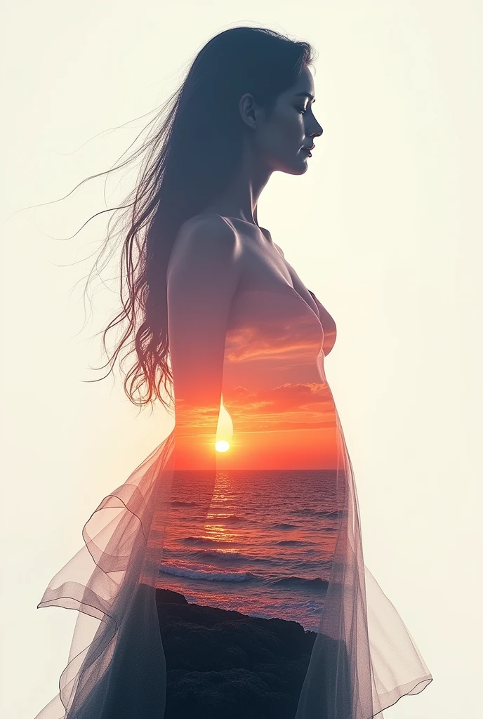 high quality, 8K Ultra HD, A beautiful double exposure that combines an goddess silhouette with sunset coast, sunset coast should serve as the underlying backdrop, with its details incorporated into the goddess , crisp lines, The background is monochrome, sharp focus, double exposure, by yukisakura, awesome full color,