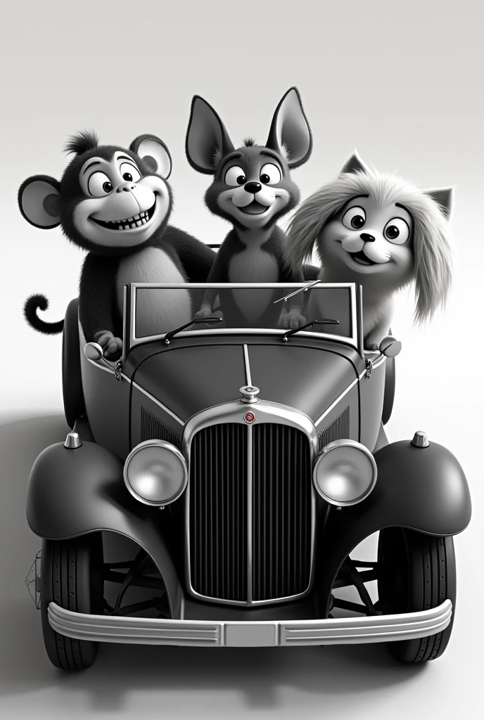animated animals inside a black and white car