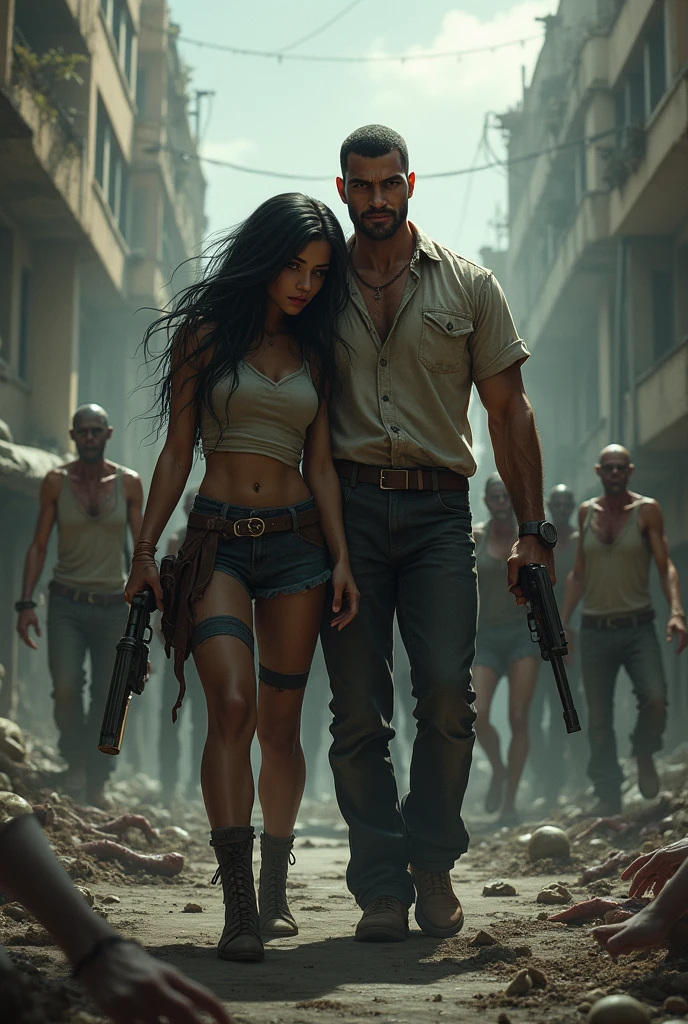 Create a couple, The woman with dark skin and long black hair, The tall man, and those surviving the zombie attack