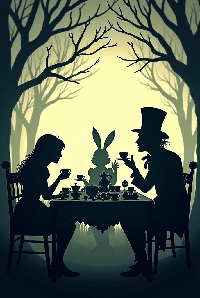 Alice in Wonderland based on only shadows sitting drinking tea at the table with lots of food in panoramic view 

