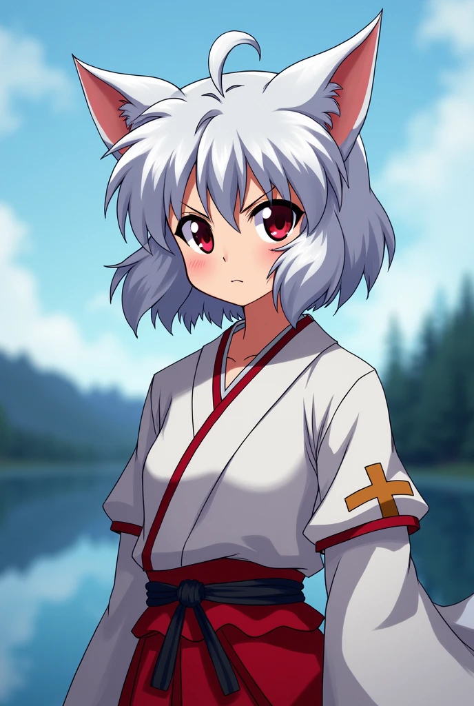 She is a girl and with the appearance of Inuyasha. He has short white hair and ears and wears clothes like Inuyasha.. He has a challenging look and an attitude like Inuyasha's., being sometimes arrogant but with a good heart, The background is light blue and dark blue a lake