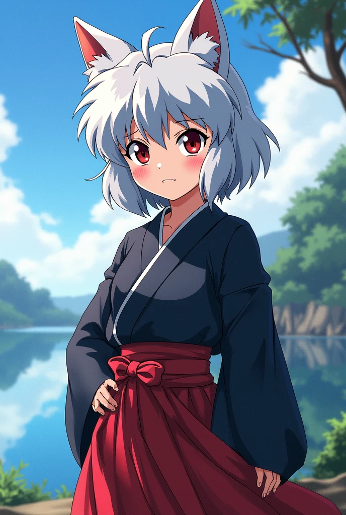 She is a girl and with the appearance of Inuyasha. He has short white hair and ears and wears clothes like Inuyasha.. He has a challenging look and an attitude like Inuyasha&#39;s., being sometimes arrogant but with a good heart, The background is light blue and dark blue a lake
