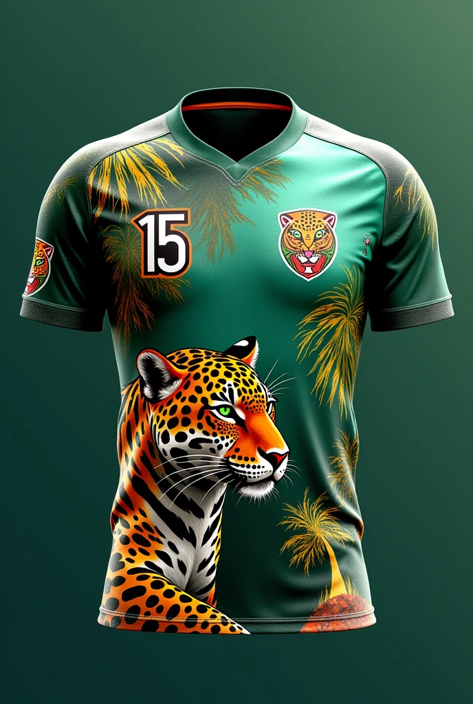 Football Shirt Details:
AMAZON RAINFOREST, jaguar and indigenous painting of strength, on the top left side number 15 and on the right a golden tree