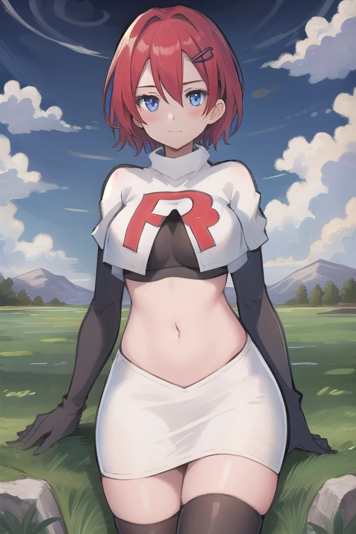 best quality, (masterpiece:1.2), illustration, absurdres, (1girl, solo, beautiful detailed girl),
Emily, short hair, red hair, hair ornament, hairclip, blue eyes, medium breasts,
garrison cap, team rocket,team rocket uniform,white skirt,red letter R,crop top,black thigh-highs,black elbow gloves,
field, sky, clouds, distant mountains,
looking at viewer, 