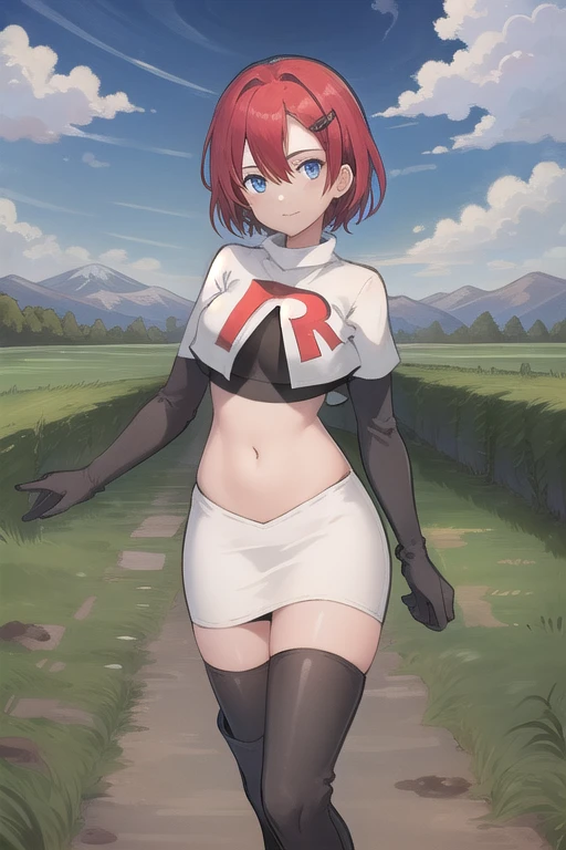 best quality, (masterpiece:1.2), illustration, absurdres, (1girl, solo, beautiful detailed girl),
Emily, short hair, red hair, hair ornament, hairclip, blue eyes, medium breasts,
garrison cap, team rocket,team rocket uniform,white skirt,red letter R,crop top,black thigh-highs,black elbow gloves,
field, sky, clouds, distant mountains,
looking at viewer, 