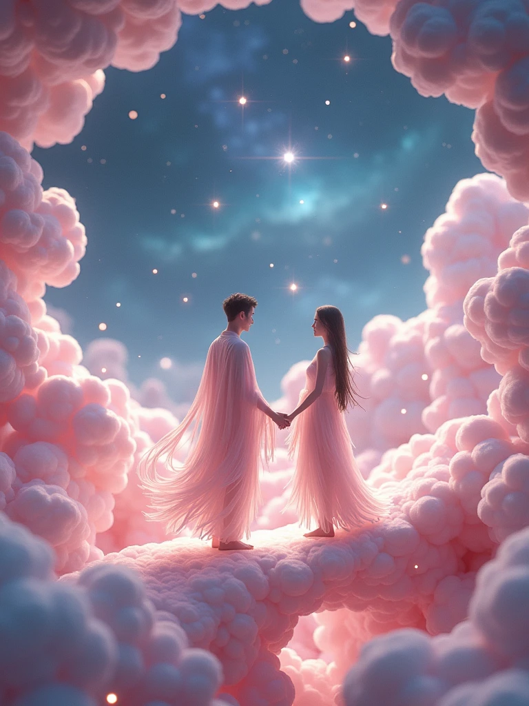 Miniature landscape,Miniature models，fantasy garden，Aesthetic healing，Rural Scenery，Beautiful and poetic，広大な3d宇宙で，The cowherd and the weaver&#39;s daughter、Standing on a magpie bridge made of soft pink clouds。。These clouds are fluffy and soft，As if it had fallen from the sky，Each flower has a delicate texture and slight elasticity.。At the end of Magpie Bridge、Threads of sparkling pearly dew still hang down..，Dripping。The surrounding starry sky，Stars are not ordinary sharp points of light，but、Each one is round and rich.、A ball of light woven with soft light threads，Gives off a soft, warm glow，Like freshly roasted marshmallows。The clothes worn by the cowherd and the weaver are made of mist-light silk.。.，When the wind blows，The folds of silk flow naturally like ripples in water.，The edges of the garment are sprinkled with fluffy white feathers..，Adds a touch of warmth and romance。Their hair is not a hard line.，but、Silky Soft、Slightly curled thread，Like feeling a breeze，Studio Lighting，3d, Realistic lighting，Beautiful light，Edge Glow，Volumetric Light，Rim Light，Bioluminescence，Perfect composition，masterpiece，8k