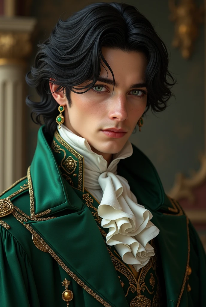 A boy in medieval noble clothes , long black hair , a vibrant emerald green eyes , jewelry , 30 years old ,