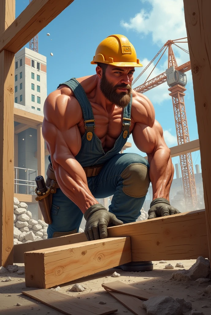 Generate an image of a man constructing a building