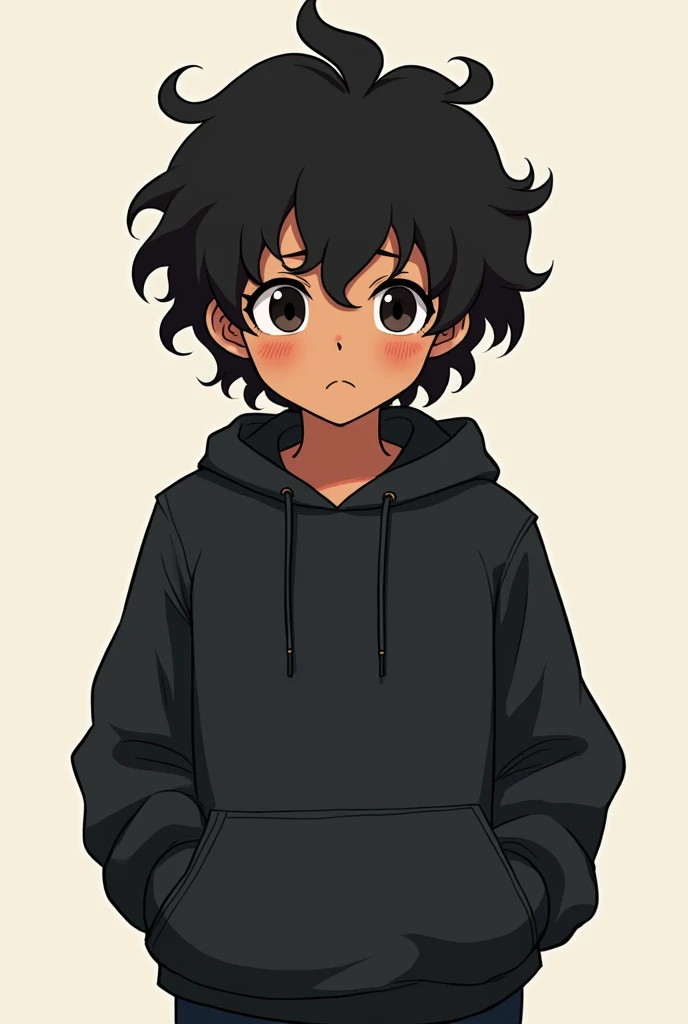 an anime version boy, medium curly hair, almost shoulder length, darkskin, hand in pocket, expression of boredom, black sweatshirt