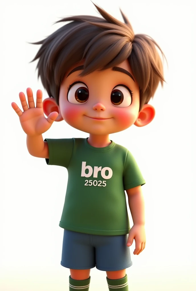 a character waving his right hand, giving a hyper-realistic goodbye, 1 boy, small detailed black eyes, beautiful big lips, extremely detailed face, large and conical chin, brown hair, green t-shirt with the name BRO and below the name BRO the number 25025 printed, blue pants, knee-high socks, football player style, intricate details, volumetric lighting, dramatic chiaroscuro, cinematic lighting, award-winning digital art, masterpiece, high quality, 8k, photorealistic, studio lighting, physically based rendering, vibrant colors, warm color palette, pixar style, Disney. white background, maintain the characteristics of the seed character
2134937326