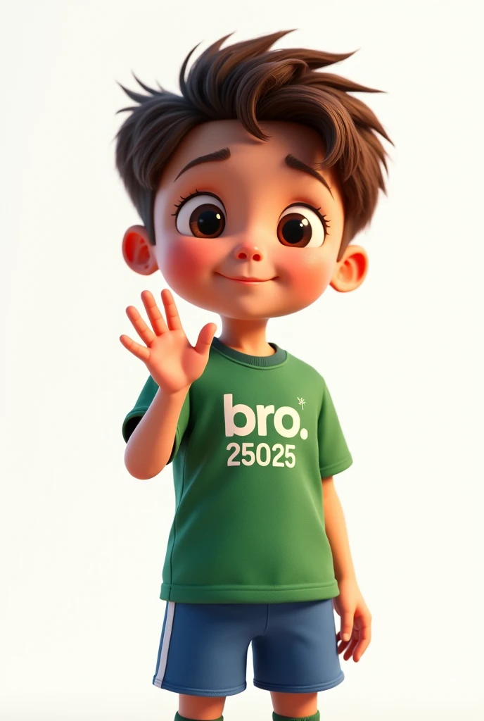 a character waving his right hand, giving a hyper-realistic goodbye, 1 boy, small detailed black eyes, beautiful big lips, extremely detailed face, large and conical chin, brown hair, green t-shirt with the name BRO and below the name BRO the number 25025 printed, blue pants, knee-high socks, football player style, intricate details, volumetric lighting, dramatic chiaroscuro, cinematic lighting, award-winning digital art, masterpiece, high quality, 8k, photorealistic, studio lighting, physically based rendering, vibrant colors, warm color palette, pixar style, Disney. white background, maintain the characteristics of the seed character 
2134937326