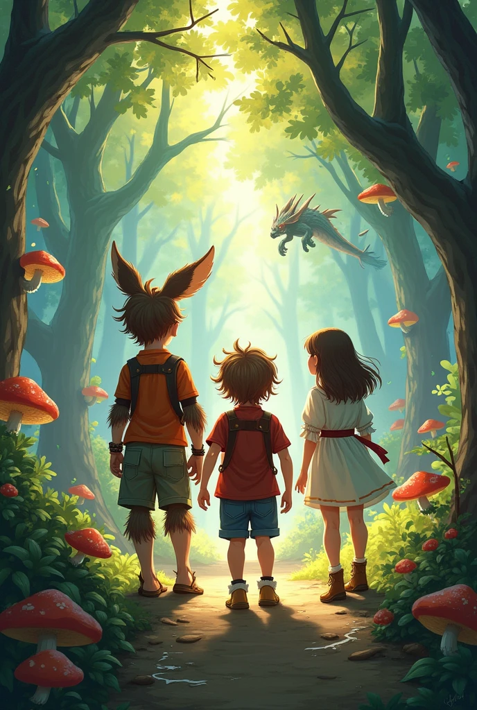 As they began their adventure, they met Faelan, a brave faun, and a playful tree spirit named Aeryn. Along the way, they faced many challenges, like talking animals, fierce dragons, and tricky puzzles. But by working together and helping each other, they grew stronger and braver. Create an image about this text and it has a three kids