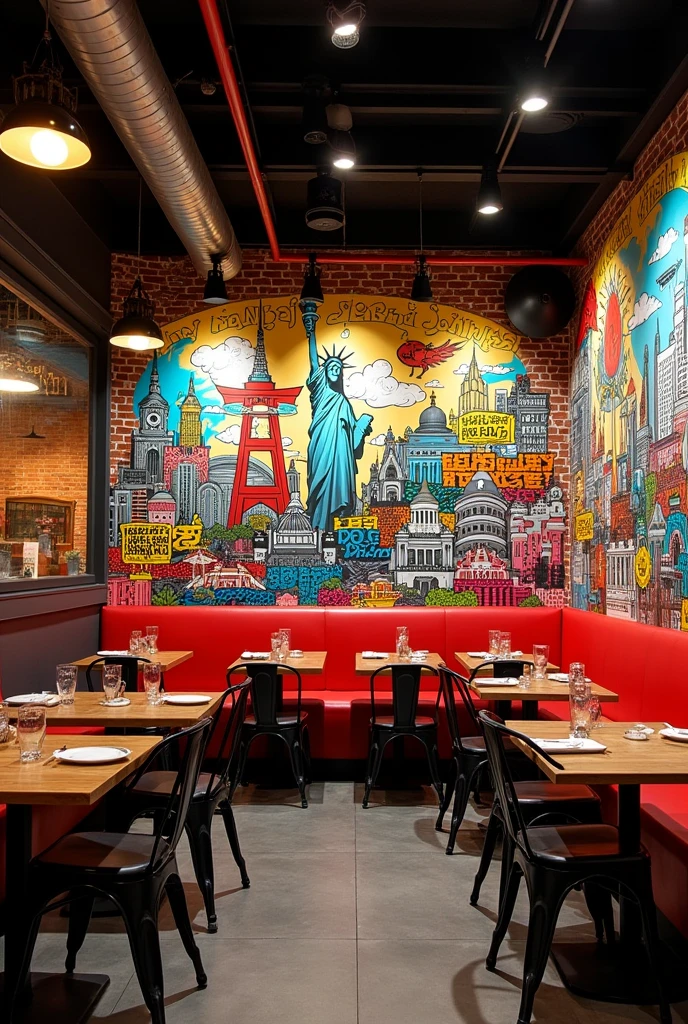 A fast-food restaurant interior with street art murals on the walls representing different cultures and cities of the world like New York, Tokyo, and Mexico City. The murals are vibrant and colorful, with iconic landmarks, cultural symbols, and elements of graffiti art. The decor includes an industrial style with exposed brick walls, metal, and wooden furnishings. The space is illuminated by industrial-style hanging lights, creating a dynamic and urban atmosphere.