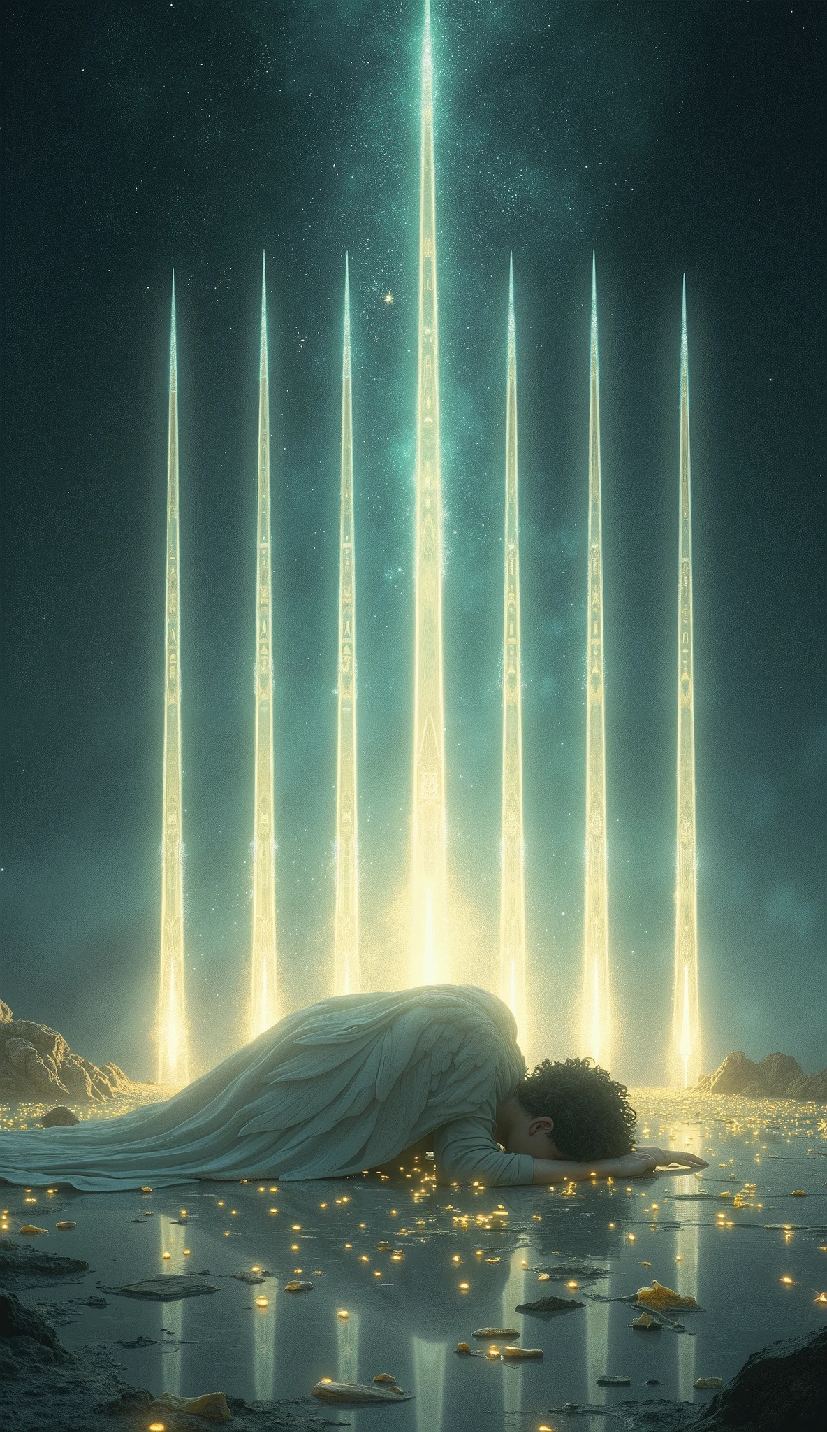 Create a hyper-realistic, emotionally intense image for the "Ten of Lights" card in the Lumen Angelis deck, drawing inspiration from the traditional Ten of Swords card in the Rider-Waite tarot. The scene should evoke a profound sense of finality, despair, and the inevitable transition from one phase to another, elevated to a celestial, otherworldly setting that resonates with the theme of the deck.

At the center of the image is a fallen angel, lying face down on an ethereal, luminous ground that seems to float in an endless, dark void. The angel's once-glorious wings are now tattered and dimmed, their feathers scattered around them like fallen leaves, symbolizing the loss of divine power and the weight of overwhelming burdens. The angel's body is twisted in a pose of defeat, with one arm stretched out towards the viewer, fingers clawing at the glowing ground as if in a final, desperate attempt to hold on.

Piercing the angel’s back are ten radiant beams of light, resembling swords, each one shining with a cold, harsh brilliance that contrasts sharply with the soft glow of the ground. These beams are not only sources of light but also conduits of immense energy, each one carrying intricate patterns of celestial symbols and runes that pulse with a powerful, almost menacing energy. The beams are perfectly aligned, creating a symmetrical pattern that adds to the sense of inevitability and finality. The light from the beams spreads outwards, casting long, dramatic shadows that stretch into the darkness beyond.

The background is a vast, starless void, emphasizing the isolation and hopelessness of the scene. However, just beyond the beams of light, faint traces of dawn begin to break through the darkness, suggesting that even in this moment of utter despair, there is the potential for a new beginning. The ground beneath the angel is made of glowing, crystalline shards, which reflect the beams of light in a dazzling array of colors, creating a stark contrast to the angel'