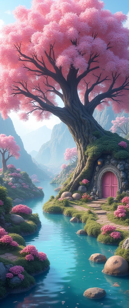 large cherry tree hanging over a pond and a meandering river where the egg-shaped stone huts and houses of the little people are located, fairies, gnomes, whips and elves, morning backlight, all made of crystals, gems and sparkles, fantasy art style, 8k resolution cartoon realism, misty dew atmosphere,