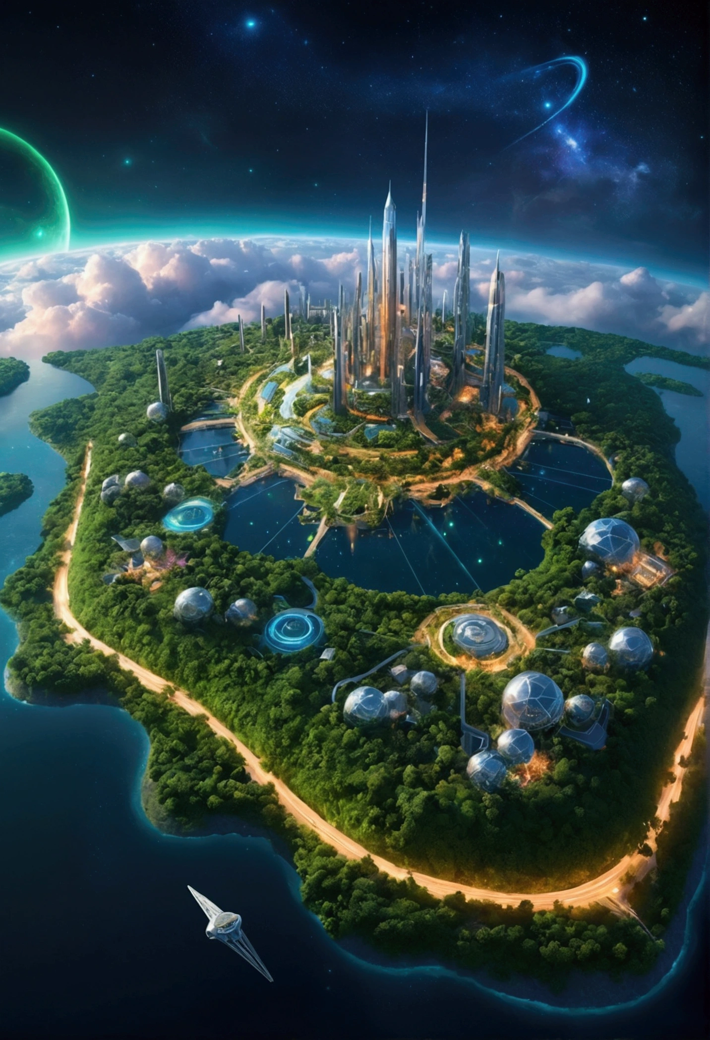 a large island shaped like the constellation orion, futuristic cityscape, lush green landscapes, vibrant colors, cinematic lighting, 8k, hyperdetailed, photorealistic, dramatic sky, volumetric clouds, advanced technology, gleaming metallic structures, sweeping architecture, intricate details, stunning natural beauty, awe-inspiring scale, sense of wonder, masterpiece