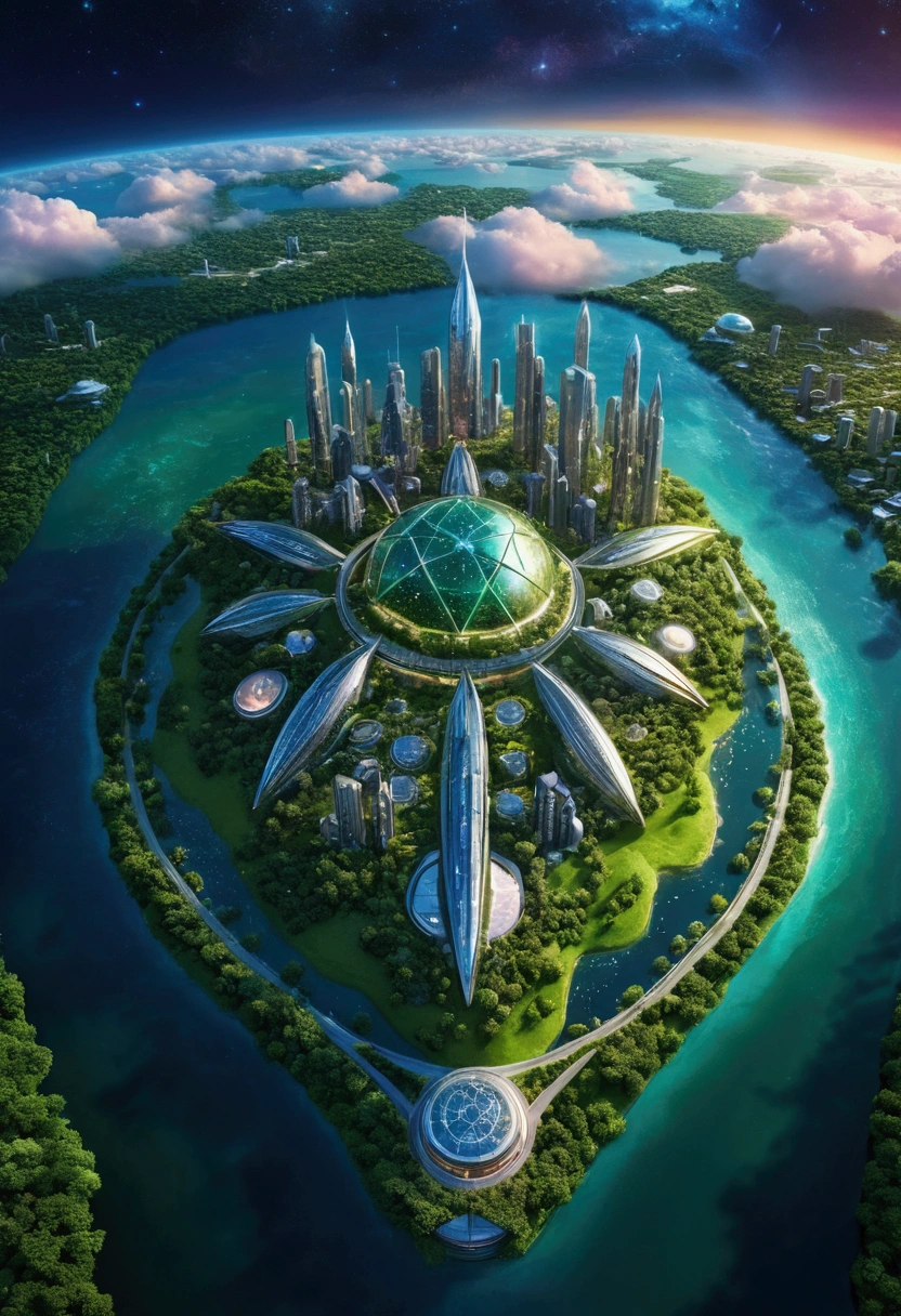 a large island shaped like the constellation orion, futuristic cityscape, lush green landscapes, vibrant colors, cinematic lighting, 8k, hyperdetailed, photorealistic, dramatic sky, volumetric clouds, advanced technology, gleaming metallic structures, sweeping architecture, intricate details, stunning natural beauty, awe-inspiring scale, sense of wonder, masterpiece