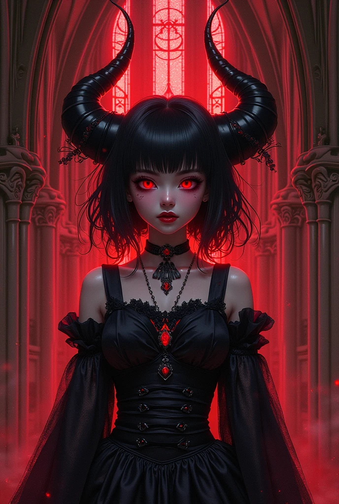 japanese goth kawaii girl, (abstract art:1.2), fractal art, psychedelic art, (style of Yuko Shimizu:1.1), red theme, dark theme, 1girl, gothic cathedral, haunting,