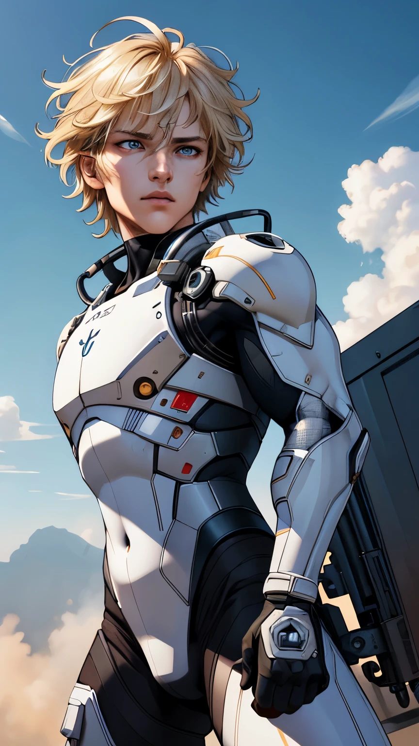 (extremely detailed CG unity 4k wallpaper),(masterpiece),(best quality),(ultra-detailed),(best illustration),(best shadow),(absurdres),(Detailed background), White male, Advanced combat suit, short blond hair, aggressive pose, blue eyes,