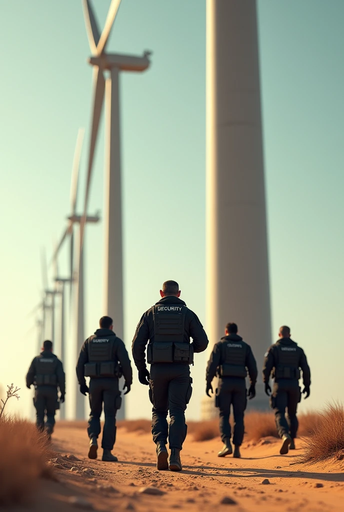 6 Man of 1.80 tall working in a desert location as a security guard wearing black tactical clothing coming out from behind with massive textured wind power towers in front of them and a drone showing more towers