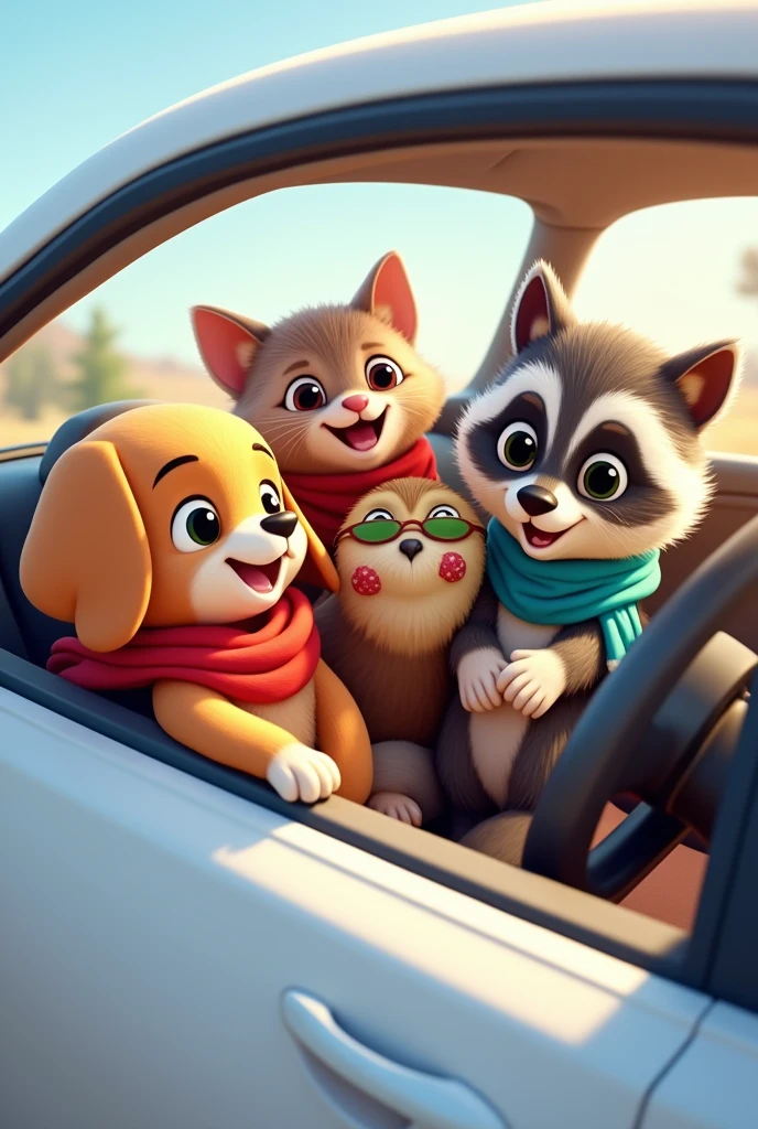 Animated animals inside a white car to color
