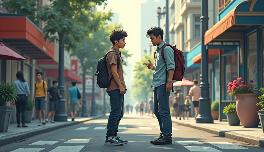 A character walking down the street, with a relaxed and peaceful expression. suddenly, someone confronts him with a defiant attitude.]