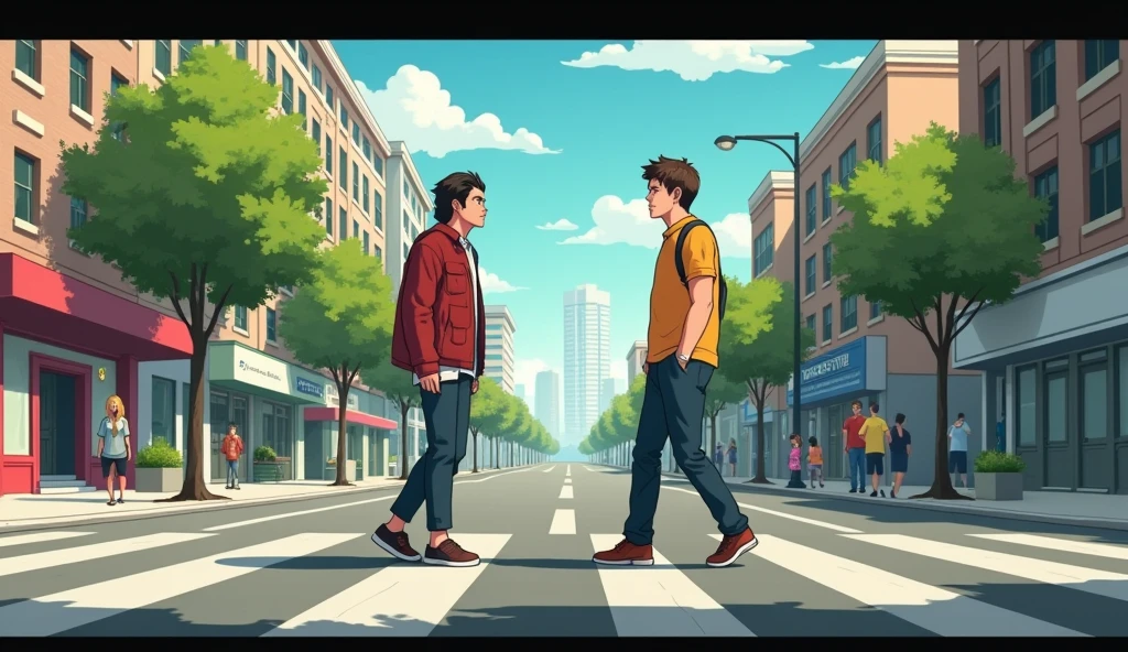 A character walking down the street, with a relaxed and peaceful expression. suddenly, someone confronts him with a defiant attitude.]