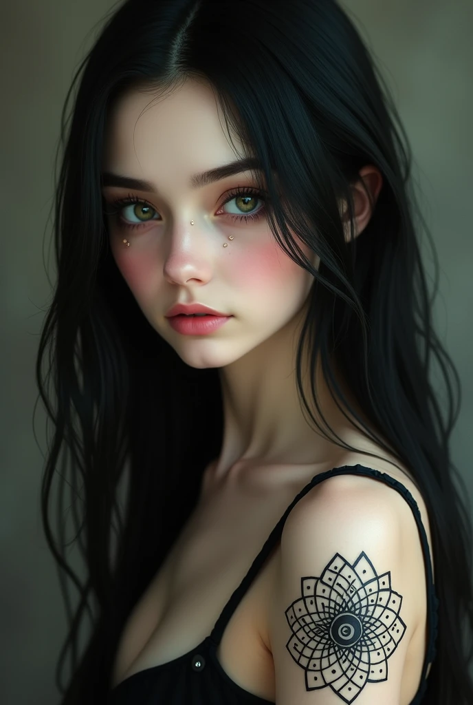 black hair, smooth and slightly long.
green eyes, torn and black medium lashes.
White skin and slightly teasing in her features.
A tattoo of lines forming a kind of mandala on his right arm.
Dress elegantly and naturally, mostly with somewhat tight clothing.