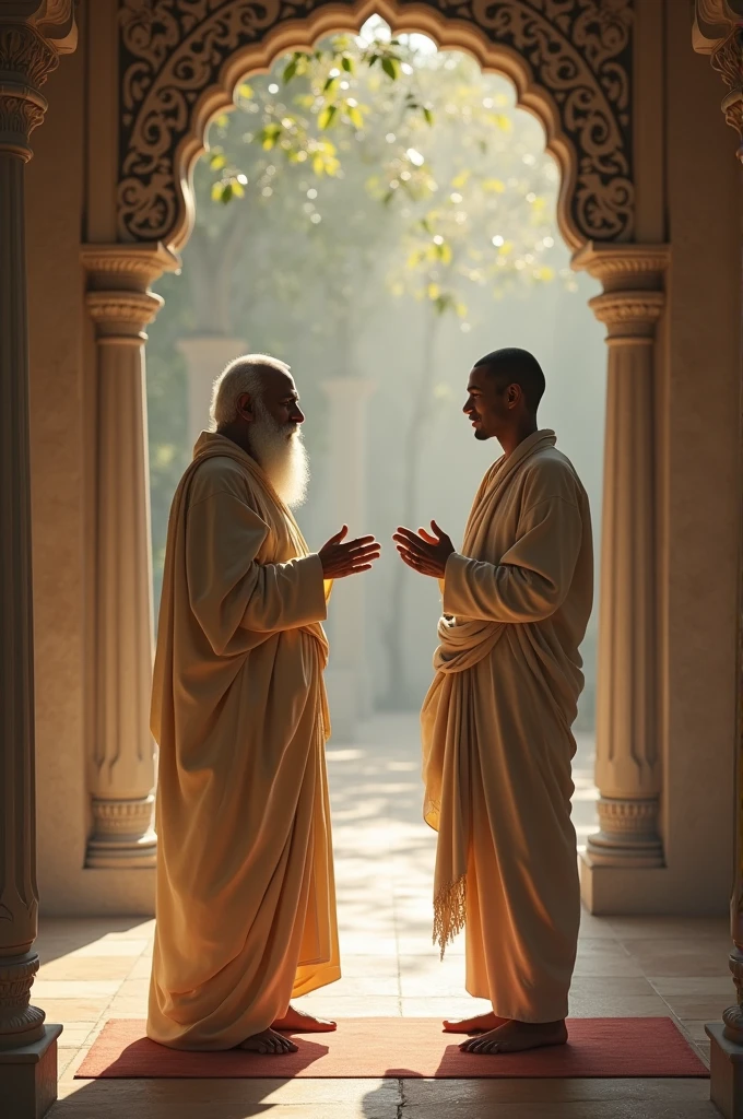 A man and a Mahatma are talking in the ashram