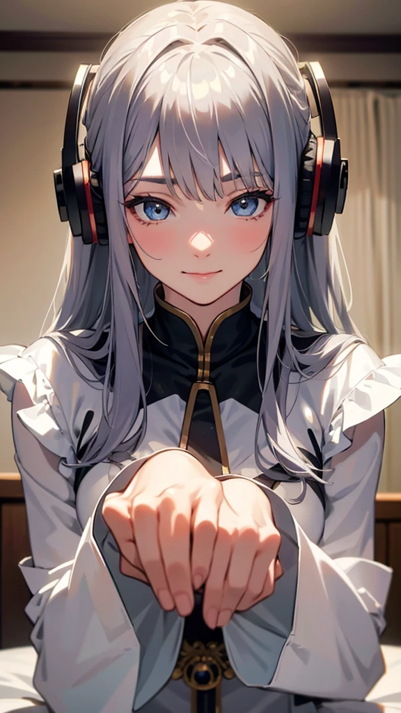 Ultra detailed beautiful eyes、There is a fan at the end of the room.。Draw an image of a person lying face down on a bed listening to music with headphones。Colorful silver hair、Goddess-like、Idol-like face、Detailed human body、(Detailed hands)、girl in wet clothes、Highest quality, masterpiece, Ultra-high resolution, (Film Grain: 1.4), Digital photography, bangs, Cinema Lighting, (Fuji Color: 1.2) Portraiture, alone, To the audience, smile,  Cleans pores, Looking at the audience, White background (Realistic: 1.2)、