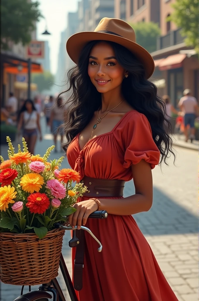 Whole body picture of a woman with a brown colored skin and a black hair wearing a red dress and a brown hat selling flowers on the side of the steets with her cute bike. Ultra realtistic picture