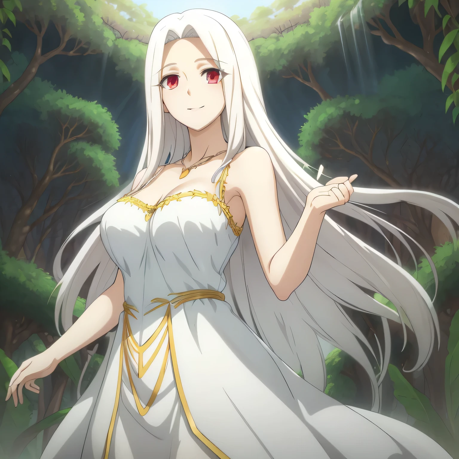 Irisviel,cold silky dress sleeveless,solo,looking at viewer,beautiful smile,arm at side,middle size of breast,beautiful necklace,tall breasts,flowers in air,in beautiful jungle,bird standing in irisviel hand