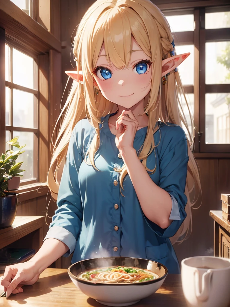  High resolution, 8k Ultra HD, ((one elf)), midnight, Study room at home,　one Blonde long hair elf, She is wearing pajamas,　((Blue eyes)), smile,　Elf eating a very small bowl of instant ramen,