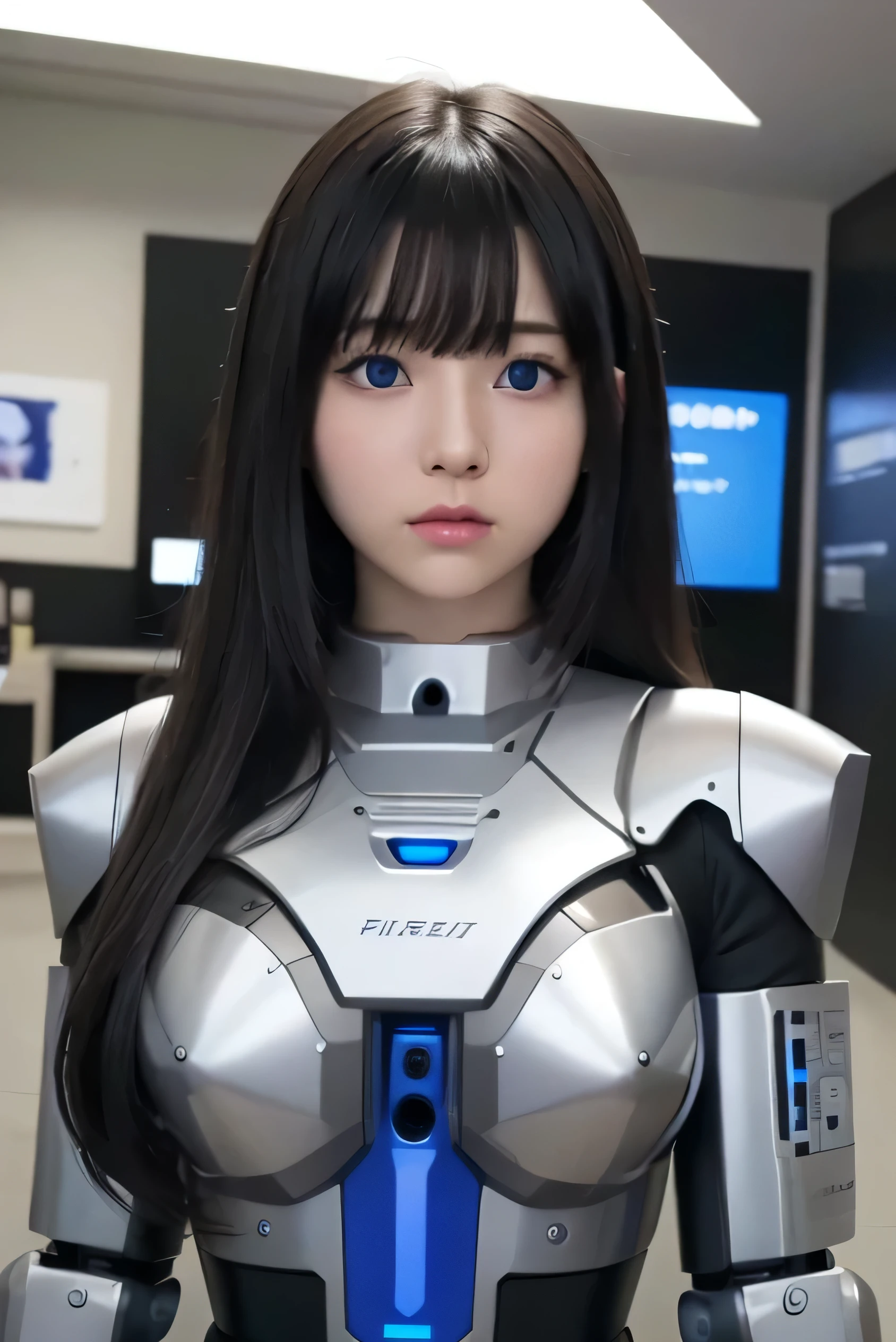 masterpiece, best quality, extremely detailed, Japaese android girl,portrait,Plump,a bit chubby,control panels,android,Droid,Mechanical Hand, Robot arms and legs, Black hair,Blunt bangs,perfect robot girl,long tube,thick cable connected her neck,android,robot,humanoid,cyborg,japanese cyborg girl ,robot-assembly plant,She is assembling now,assembly scene,blue eyes,chest monitor,hypnosis,blank eyes,She is exhibits,museum hall,