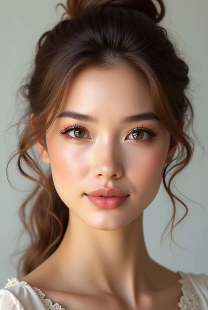 A white woman with wavy hair, perfect eyebrows, brown eyes, greenish-brown, sharp nose, clean face, tied hair with a slightly large ponytail