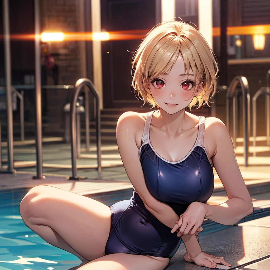 (masterpiece:1.2, Highest quality), (Realistic, photoRealistic:1.4), Beautiful illustrations, (Natural Side Lighting, Cinema Lighting),
View your audience, Upper Body, (Front view), 1 person, Japanese, high school girl, Perfect Face, Cute and symmetrical face, Glowing Skin, Baby Face,
(short hair:1.5, Pixie Cut:1.4, blonde), Pin your bangs in place, Red eyes, Long eyelashes, (Large Breasts:0.6),
Beautiful Hair, Beautiful Face, Beautiful attention to detail, Beautiful clavicle, Beautiful body, Beautiful breasts, Beautiful thighs, Beautiful legs, Beautiful fingers,
(School Swimsuit),
(Beautiful views), Night Pool, Spread your legs, (Cute Smile, Upward glance), Background Blur,