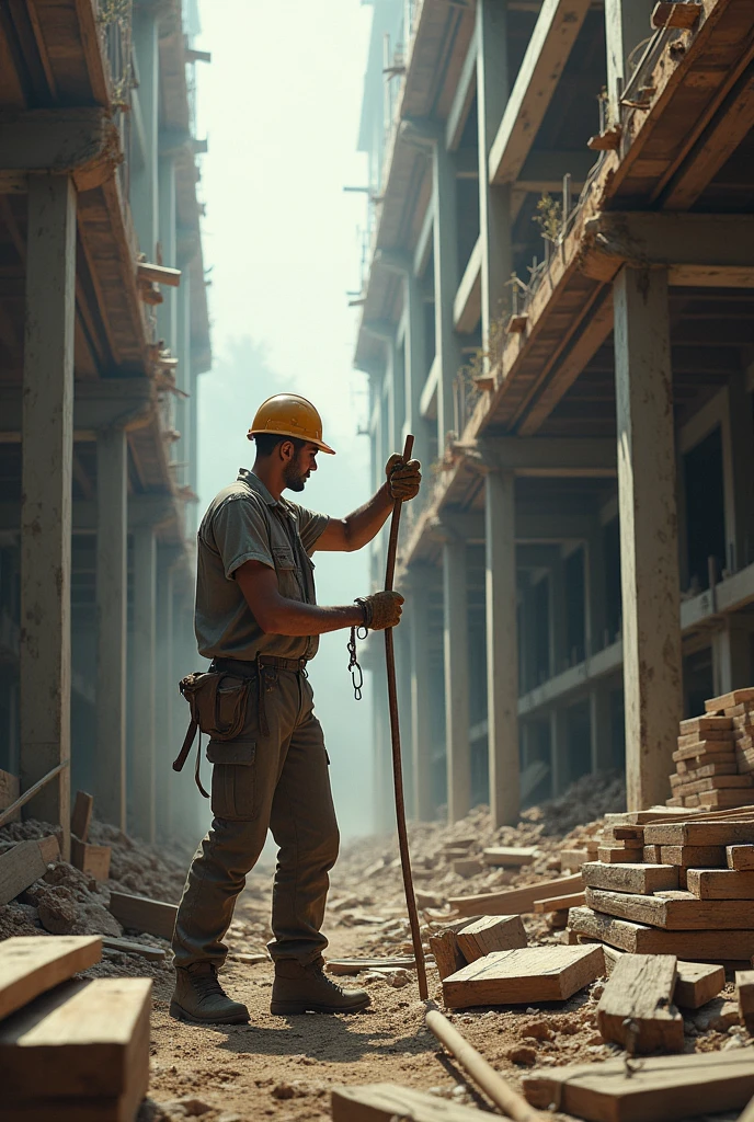 Generate an image of a thin man constructing a building