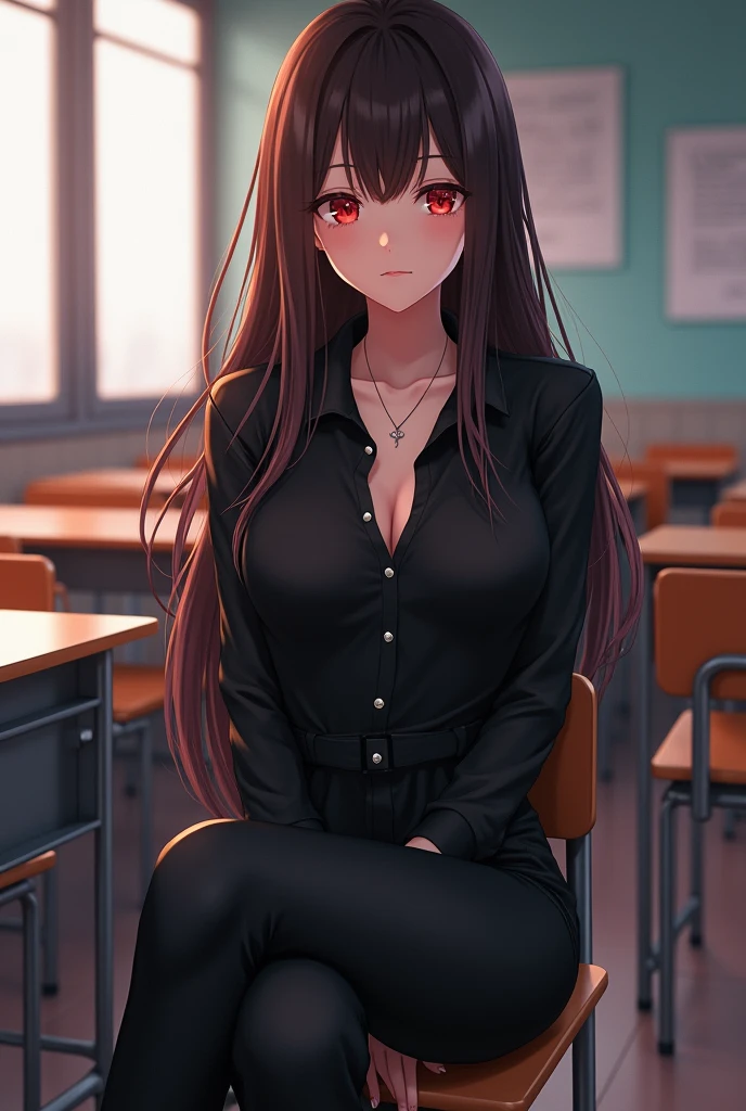 anime-girl, {{1 girl}}, Long hair, dark brown hair, Red eyes, black shirt with white buttons, Black pants, (Extremely detailed CG:1.4), Very detailed faces, School background, a dominant face, stay in the school yard, very sexy and curvy, her waist exposed, her big breasts, sitting on a chair, with thighs (Extremely detailed CG:1.4) , in an empty classroom