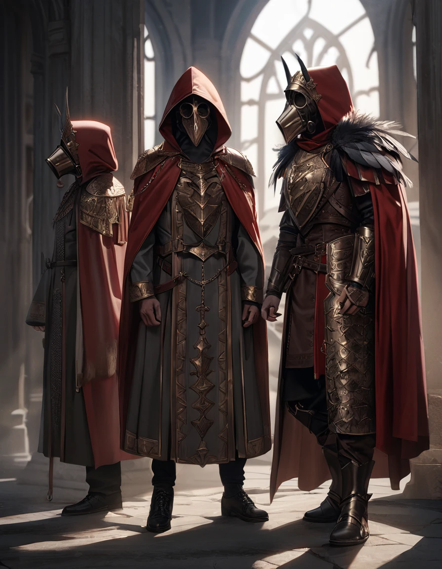  ((Roman catholic church inspired armor)), ((Red intricate details on armor)), ((Cardinals inspired armor)), ((Gold crosses)), ((Full body)), ((Iron feathers end of robes and cape)), ((Red cardinals inspired armor)), ((Iron byzantine lamell armor with raven feathers)), ((Bishop inspired hood)), ((Iron reflective beak gas mask)), ((Intricate details on iron mask)), ((WW2 gas mask with raven beak)),  (First crusade), (Chain mail), (gold trim hood), (Full face mask),  (Trench coat), gothic, white hair, red eyes , photorealistic, hyperrealistic, 8k, high quality, cinematic, dramatic lighting, dark fantasy, moody atmosphere, intricate details, gothic, ominous, mysterious, grim, menacing, foreboding, eerie, unsettling, somber, haunting, chiaroscuro, dramatic shadows, dramatic highlights, white metallic beak, white plague doctor