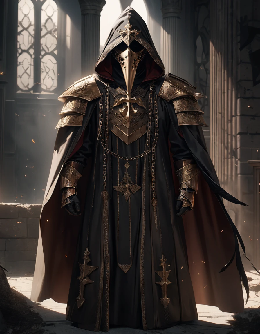 ((Roman catholic church inspired armor)), ((Red intricate details on armor)), ((Cardinals inspired armor)), ((Gold crosses)), ((Full body)), ((Iron feathers end of robes and cape)), ((Red cardinals inspired armor)), ((Iron byzantine lamell armor with raven feathers)), ((Bishop inspired hood)), ((Iron reflective beak gas mask)), ((Intricate details on iron mask)), ((WW2 gas mask with raven beak)), (First crusade), (Chain mail), (gold trim hood), (Full face mask), (Trench coat), gothic, white hair, red eyes , photorealistic, hyperrealistic, 8k, high quality, cinematic, dramatic lighting, dark fantasy, moody atmosphere, intricate details, gothic, ominous, mysterious, grim, menacing, foreboding, eerie, unsettling, somber, haunting, chiaroscuro, dramatic shadows, dramatic highlights, white metallic beak, white plague doctor