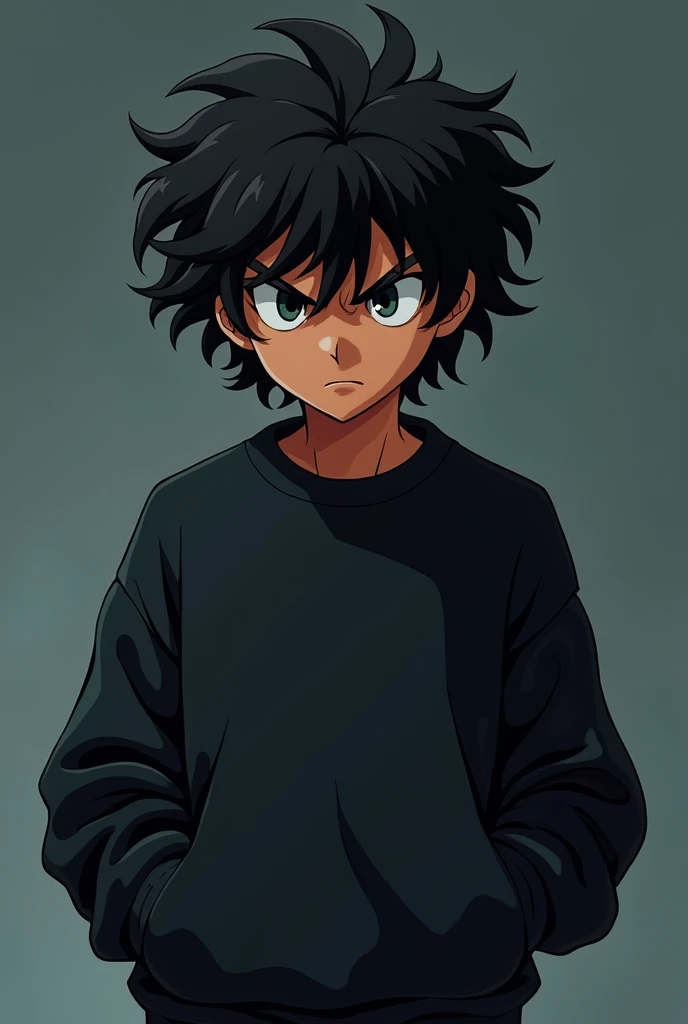 an anime version boy, medium curly hair, almost shoulder length, darkskin, hand in pocket, angry expression, black sweatshirt