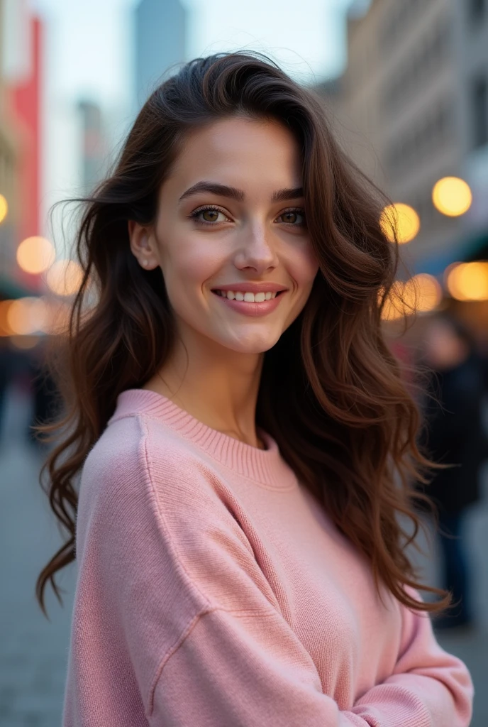 beautiful brunette wearing pink sweater in city, Very detailed 2, strong and delicate face natural wavy hair, onodera aesthetic clinic dark brown eyes high resolution, work of art, best qualityer, details Intricate, highy detailed, sharp focus, skin detailed, texture de pele realista, texture, detailedeyes, proffesional, 4K, charming smile, shot in Canon, 85mm, Shallow depth of field, Kodak Vision Cores, perfect shape body, extremamen