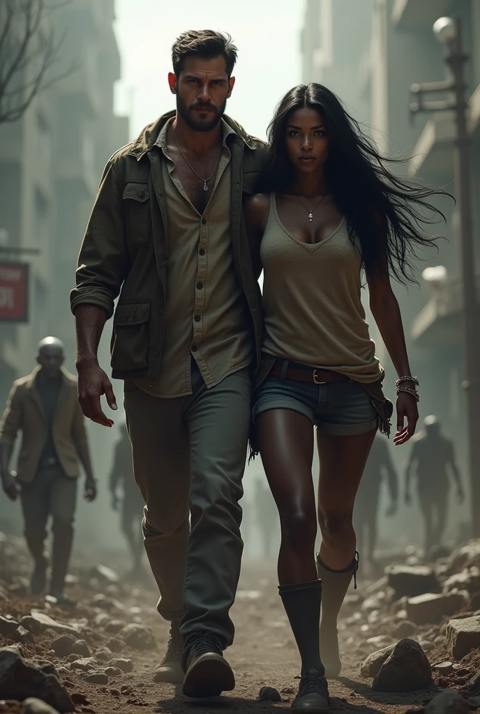 Create a couple, The woman with dark skin and long black hair, The tall man, and those surviving the zombie attack without a beard or a mustache 