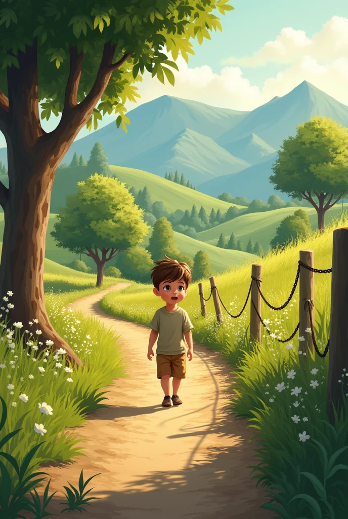 A boy walking along a pathway