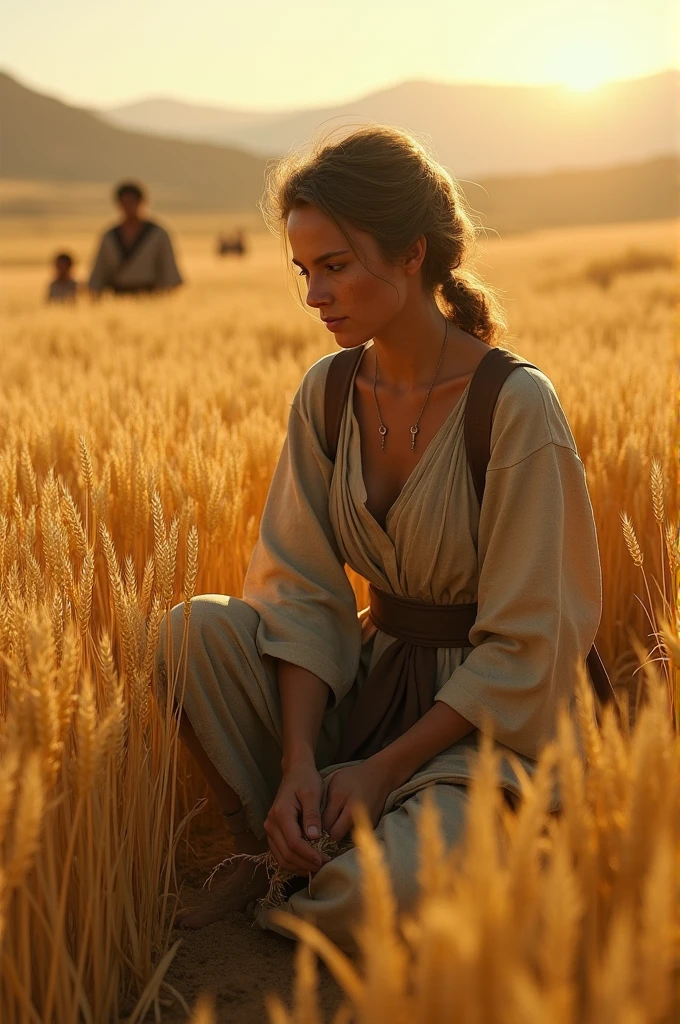 Generate realistic images of Ruth the Moabite working in a wheat field. While the owner of the field watches her with the migration