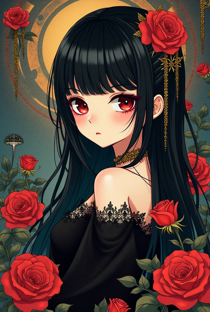 japanese goth kawaii girl, (abstract art:1.2), fractal art, psychedelic art, (style of Yuko Shimizu:1.1), red theme, dark theme, 1girl, roses, hair ornament, somber expression, metallic gold accent, masterpiece, best quality, ultra high res, award-winning art, highly detailed, beautiful, aesthetic,