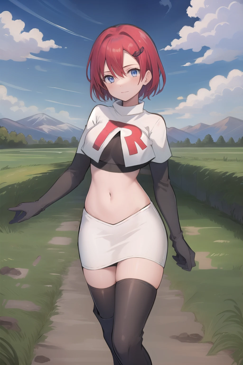 best quality, (masterpiece:1.2), illustration, absurdres, (1girl, solo, beautiful detailed girl),
Emily, short hair, red hair, hair ornament, hairclip, blue eyes, medium breasts,
garrison cap, team rocket,team rocket uniform,white skirt,red letter R,crop top,black thigh-highs,black elbow gloves,
field, sky, clouds, distant mountains,
looking at viewer, 