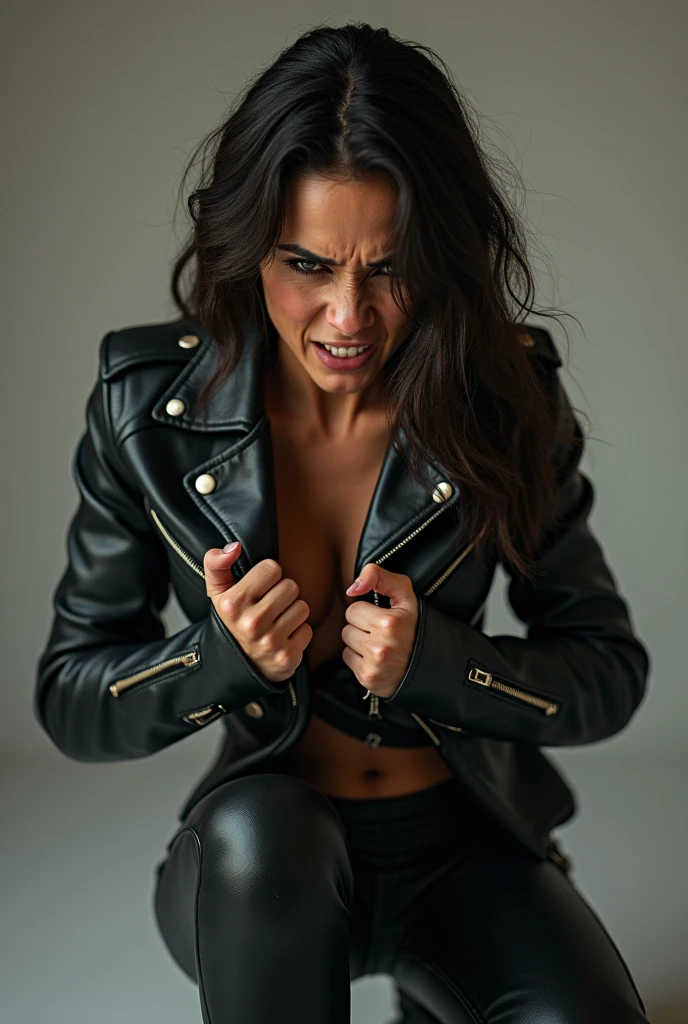 Give me a Latina woman dressed in leather from neck to toe trying to rip off her leather jacket angrily with her hands while screaming on her knees but the clothing won’t come off